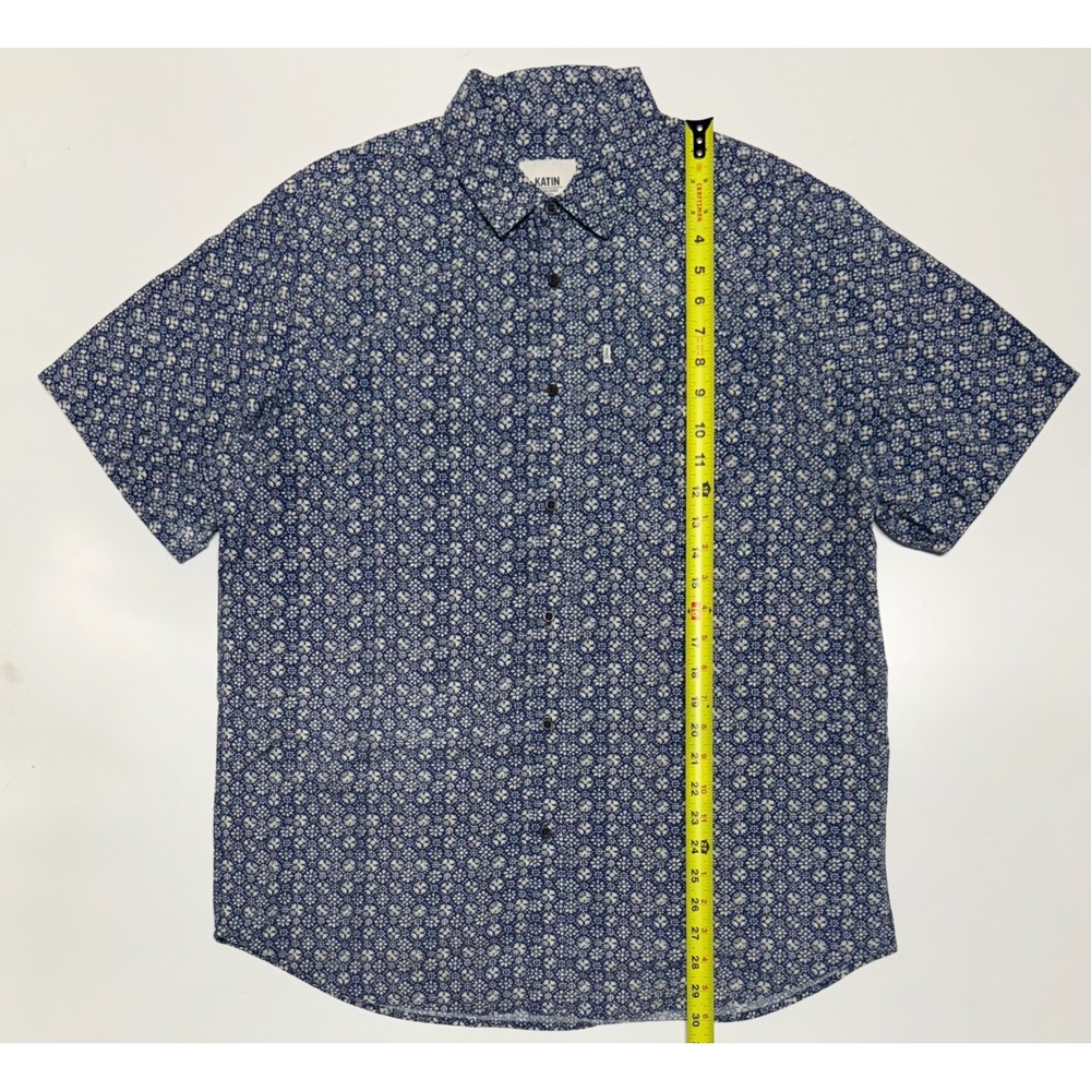 Katin Mens XL Blue Floral Geometric Short Sleeve Button Up Shirt Cotton Viscose